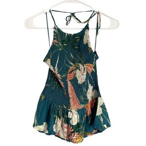 Patrons of Peace Backless Halter Top Teal Tropical Floral Print Sz M